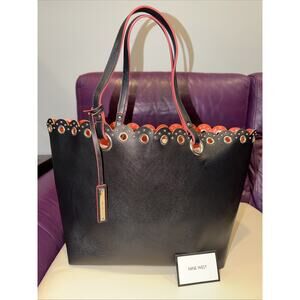 Nine West large tote bag in Black Ext / Red Int And Studded Scalloped Edges